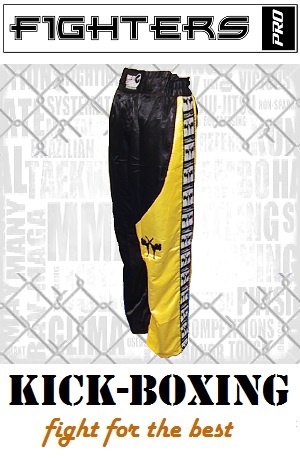 FIGHTERS - Pantalon de Kick-boxing / Satiné / Noir-Jaune / XS