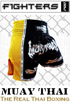FIGHTERS - Pantalones Muay Thai / Elite Muay Thai / Negro-Amarillo / Medium